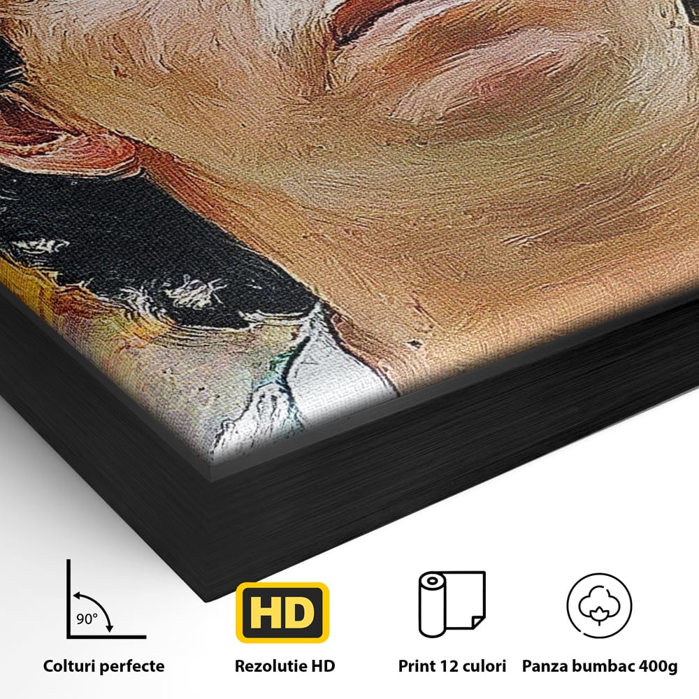 Detaliu al suprafetei: tablou canvas cu diego maradona, in rama de aluminiu negru